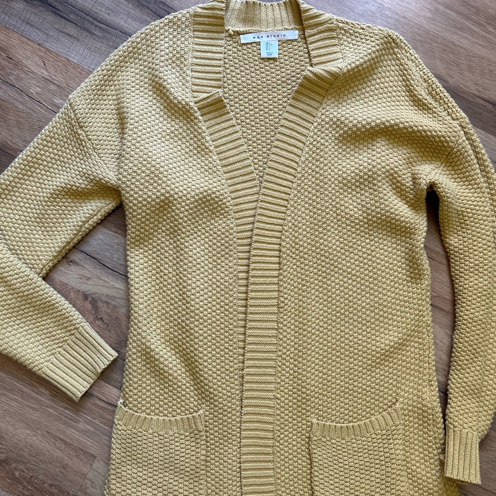 Max studios mustard yellow open front cardigan waffle knit large